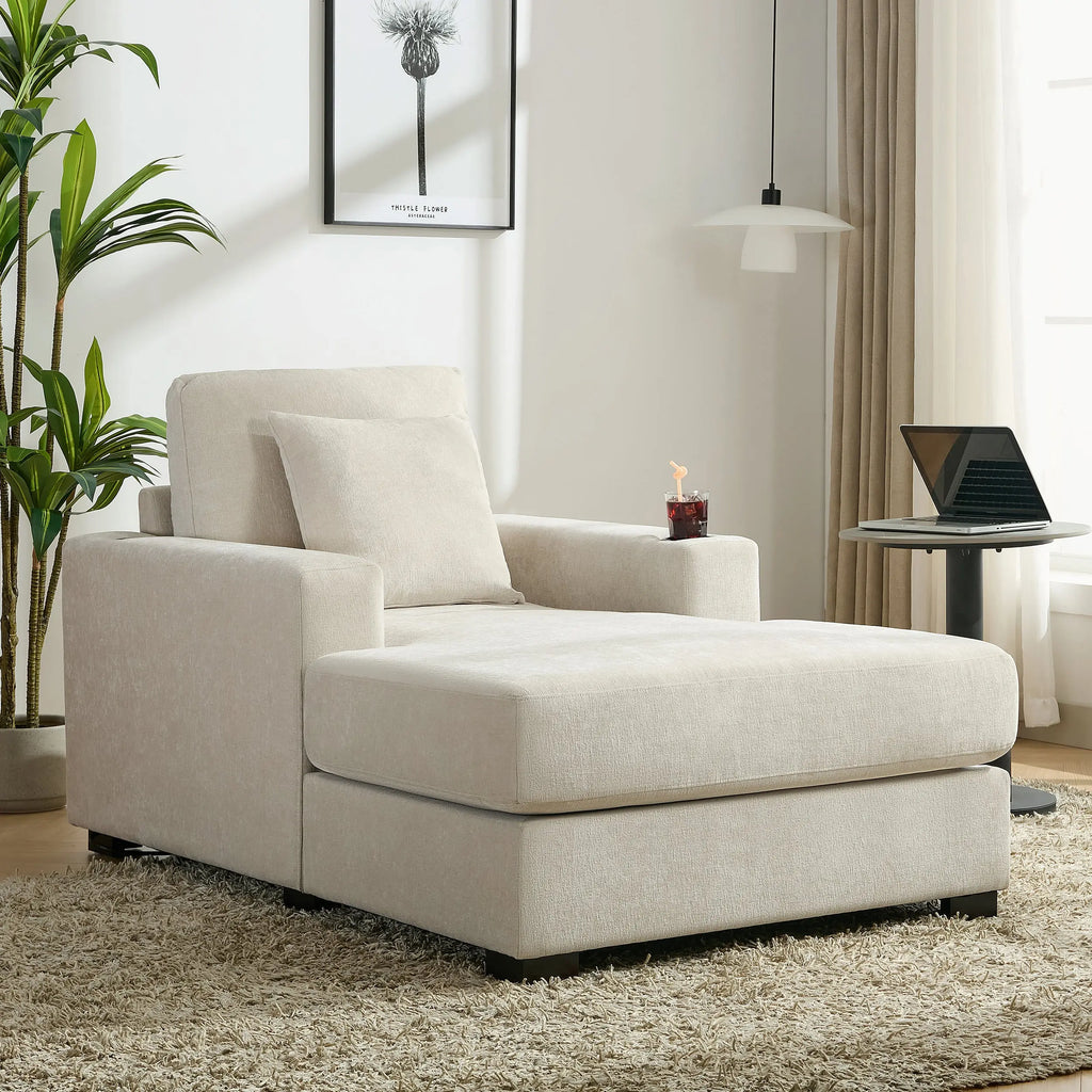 39.7" Oversized Chenille Chaise Lounger | Built-In Charge Station, Cup Holder, Pillows, Washable Covers – Cream, 330 lb Capacity Next Gen Luxe Solutions