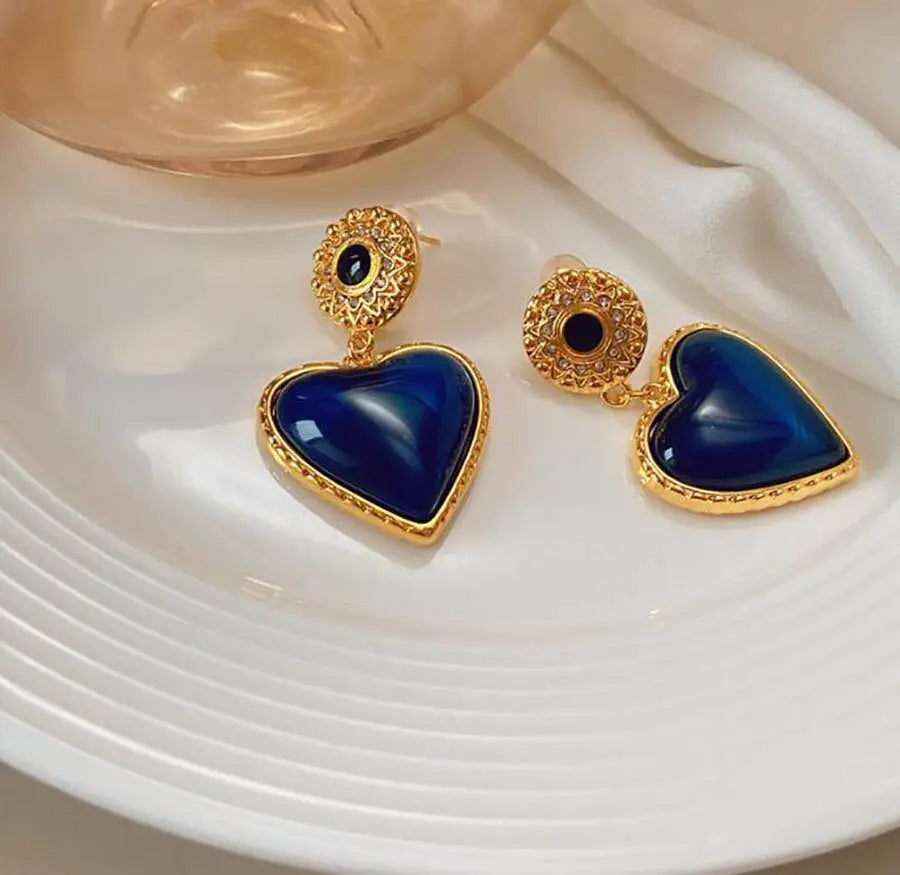 French Retro Blue Heart Gold-Plated Earrings Next Gen Luxe Solutions