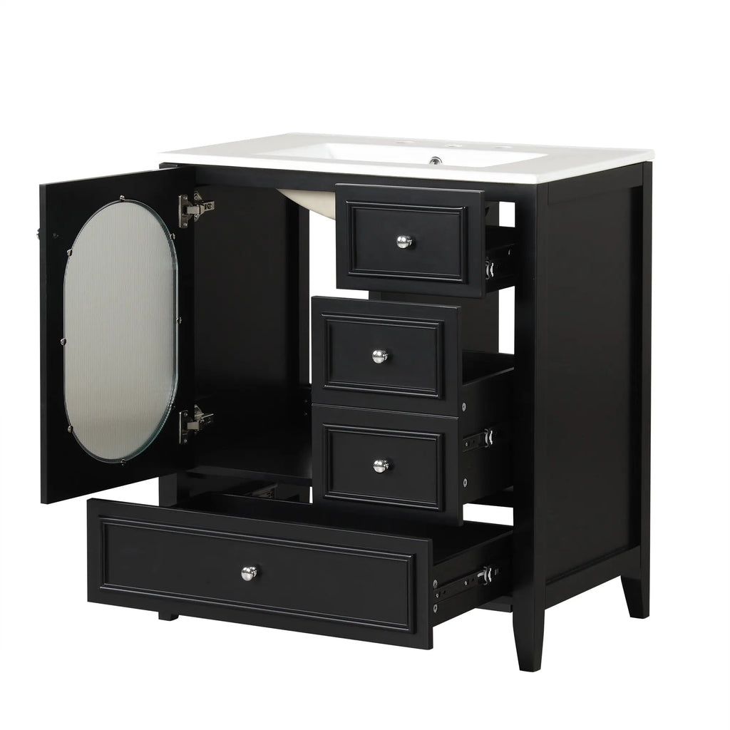 30" Bathroom Vanity with Sink – 3 Drawers, Moru Glass Door, Solid Wood & MDF, Ceramic Sink, Black – Freestanding Next Gen Luxe Solutions