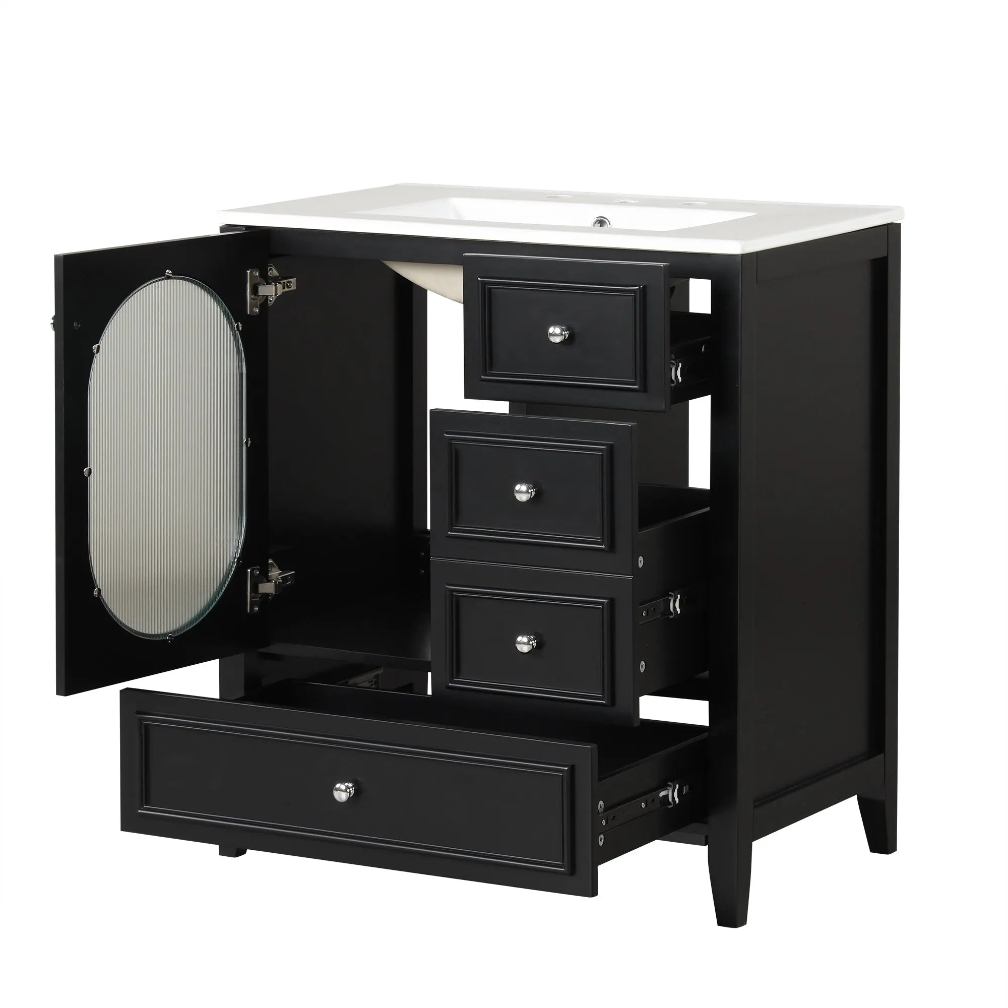 30" Bathroom Vanity with Sink – 3 Drawers, Moru Glass Door, Solid Wood & MDF, Ceramic Sink, Black – Freestanding Next Gen Luxe Solutions