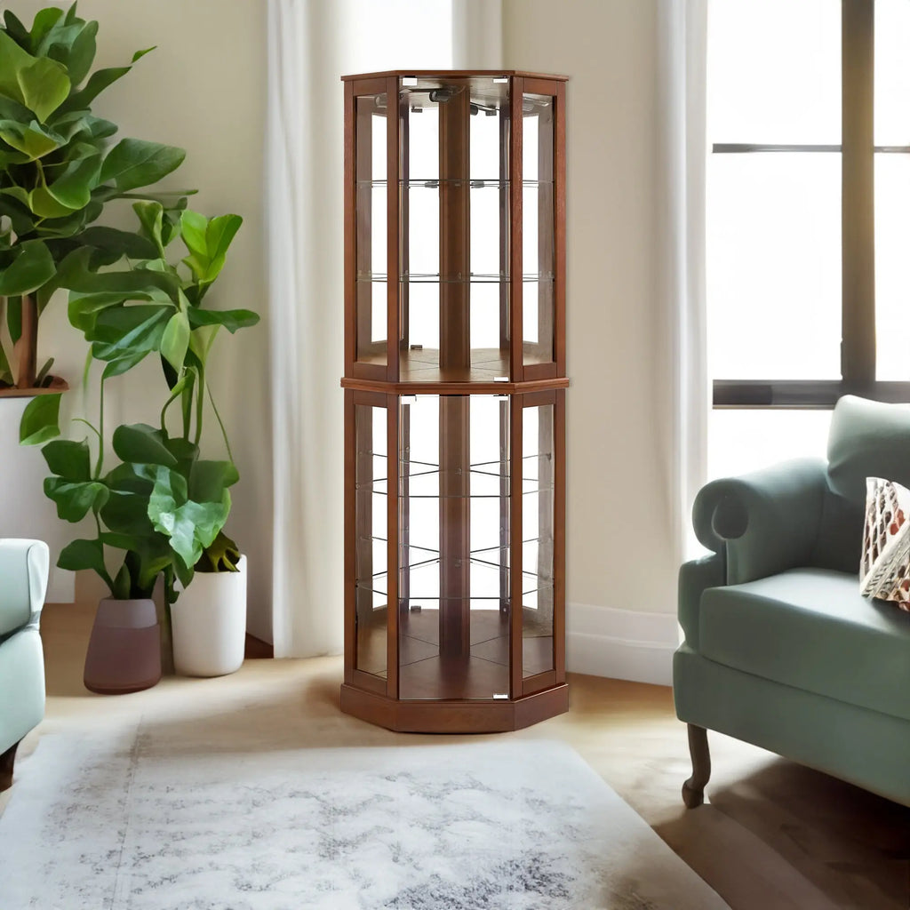 6-Shelf Corner Curio Display Cabinet with Light, Mirror & Adjustable Shelves – Walnut Wood Next Gen Luxe Solutions