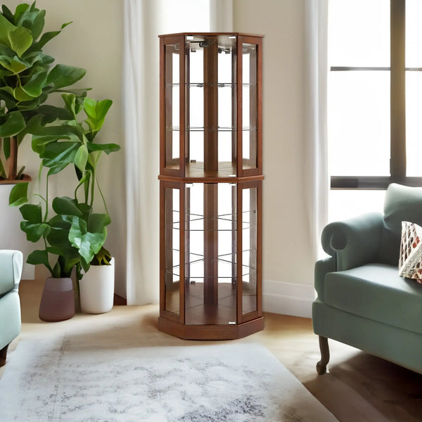 6-Shelf Corner Curio Display Cabinet with Light, Mirror & Adjustable Shelves – Walnut Wood Next Gen Luxe Solutions