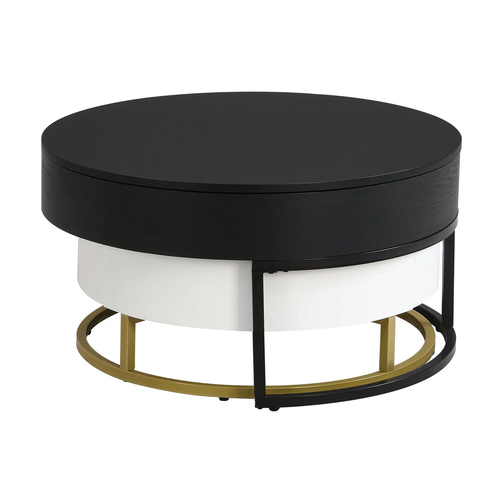 Modern Round Lift-Top Nesting Coffee Tables Set of 2 | Hydraulic Lift, 2 Drawers, Gold Metal Base – White & Black Next Gen Luxe Solutions