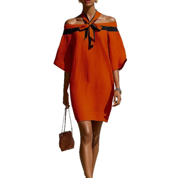 Women's One Shoulder Bow Collar A-Line Mini Dress | 3/4 Sleeve – Orange Red, Green, Apricot, Sky Blue, S–XXL Next Gen Luxe Solutions