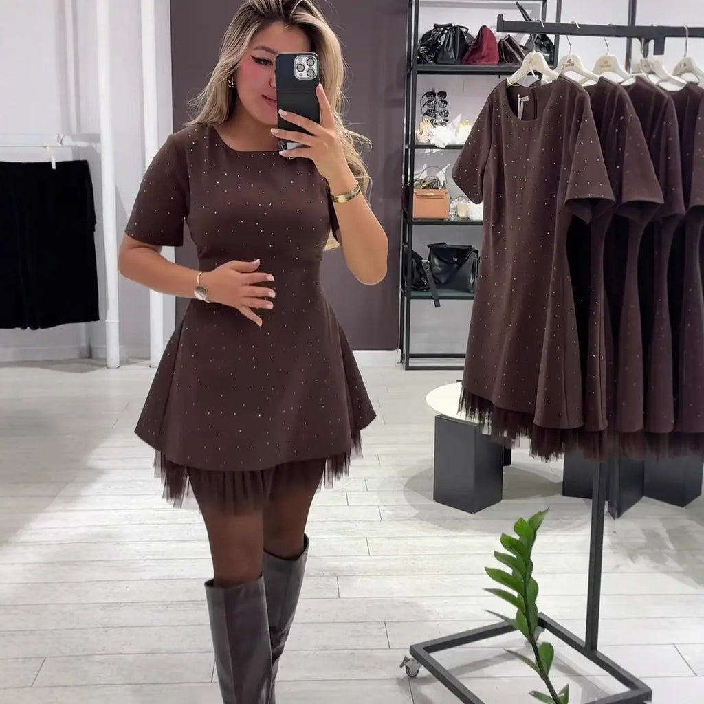 Women's Round Neck Short Sleeve Slim Fit A-Line Mini Dress | High Waist, Solid Color – Brown, Black Next Gen Luxe Solutions