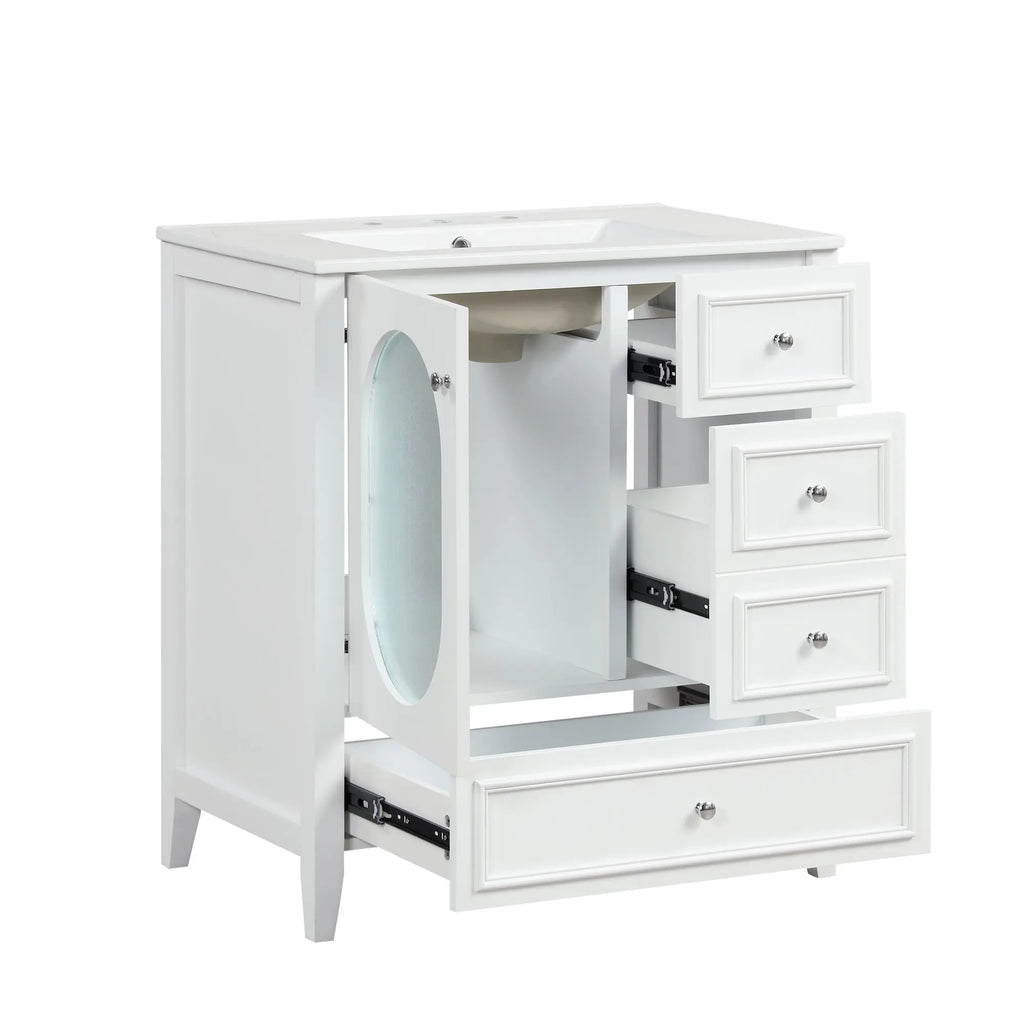 30" Bathroom Vanity with Sink | Solid Wood & MDF, 4 Drawers, Oval Fluted Glass Door, Ceramic Sink, White – Freestanding Next Gen Luxe Solutions