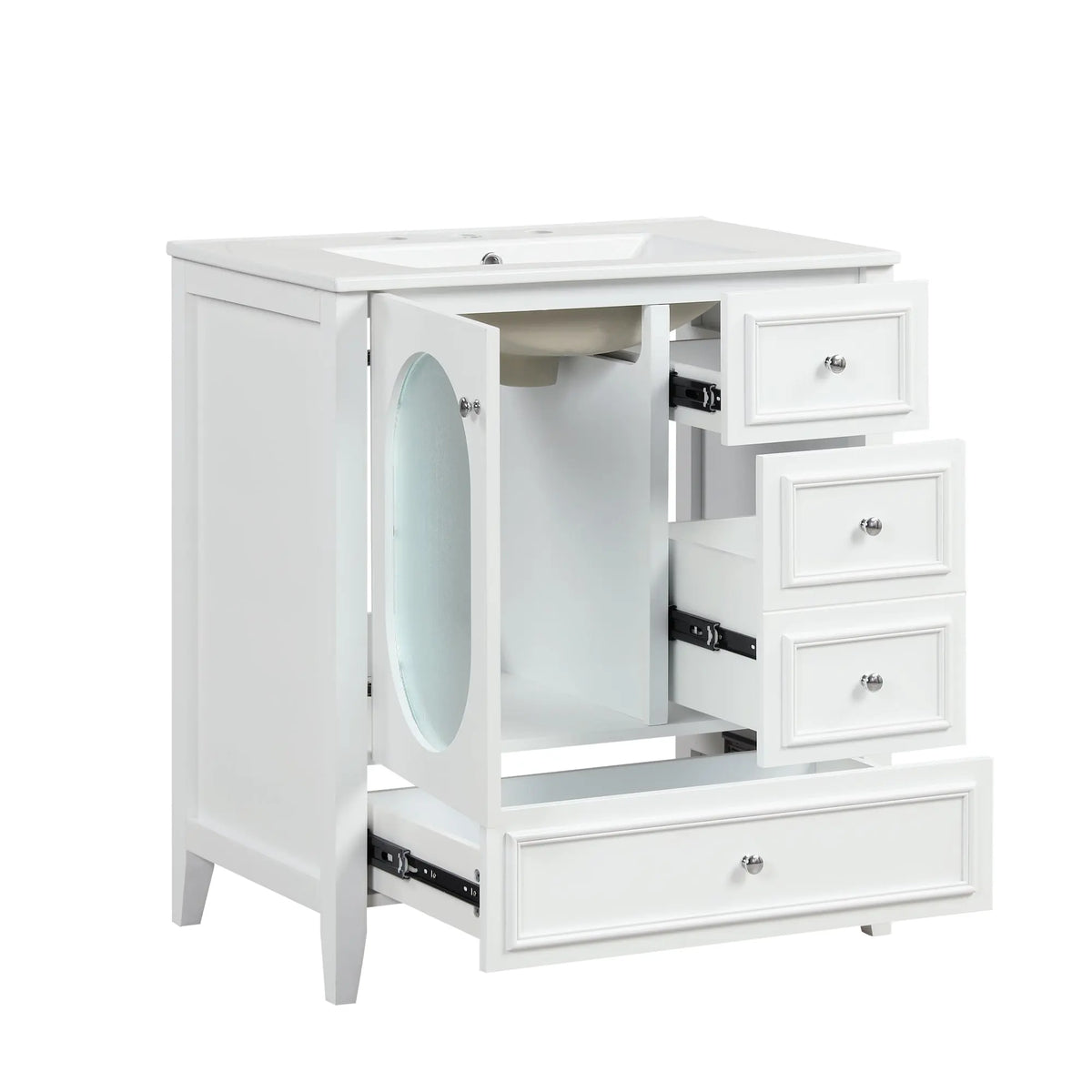 30" Bathroom Vanity with Sink | Solid Wood & MDF, 4 Drawers, Oval Fluted Glass Door, Ceramic Sink, White – Freestanding Next Gen Luxe Solutions