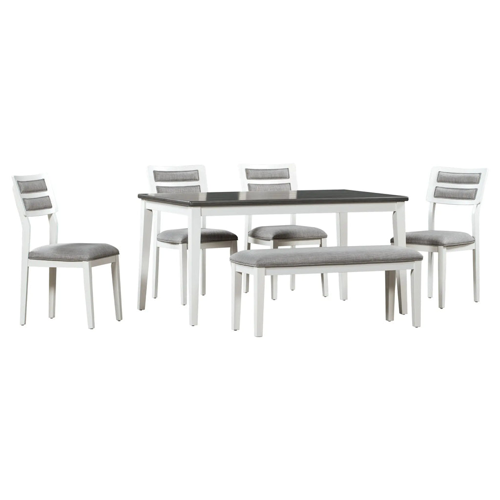 TREXM 6-Piece Classic Dining Set – Table, 4 Upholstered Chairs & Bench (White+Gray) Next Gen Luxe Solutions