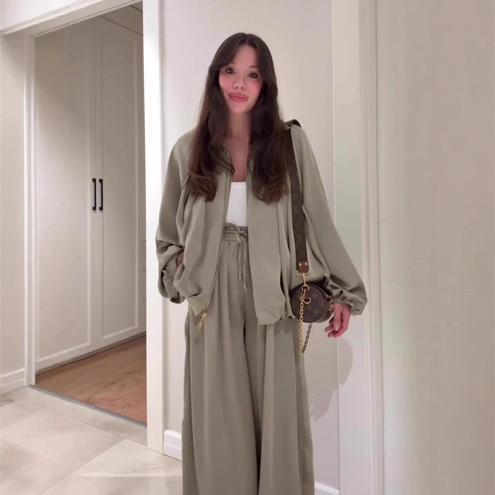 Women's Flip Collar Long Sleeve Jacket & Pants Set | 2-Piece Lounge Outfit – Matcha Green, Brown, Chestnut, S–XXL Next Gen Luxe Solutions