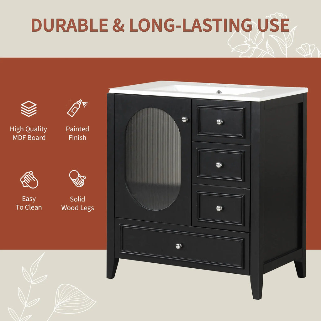 30" Bathroom Vanity with Sink – 3 Drawers, Moru Glass Door, Solid Wood & MDF, Ceramic Sink, Black – Freestanding Next Gen Luxe Solutions