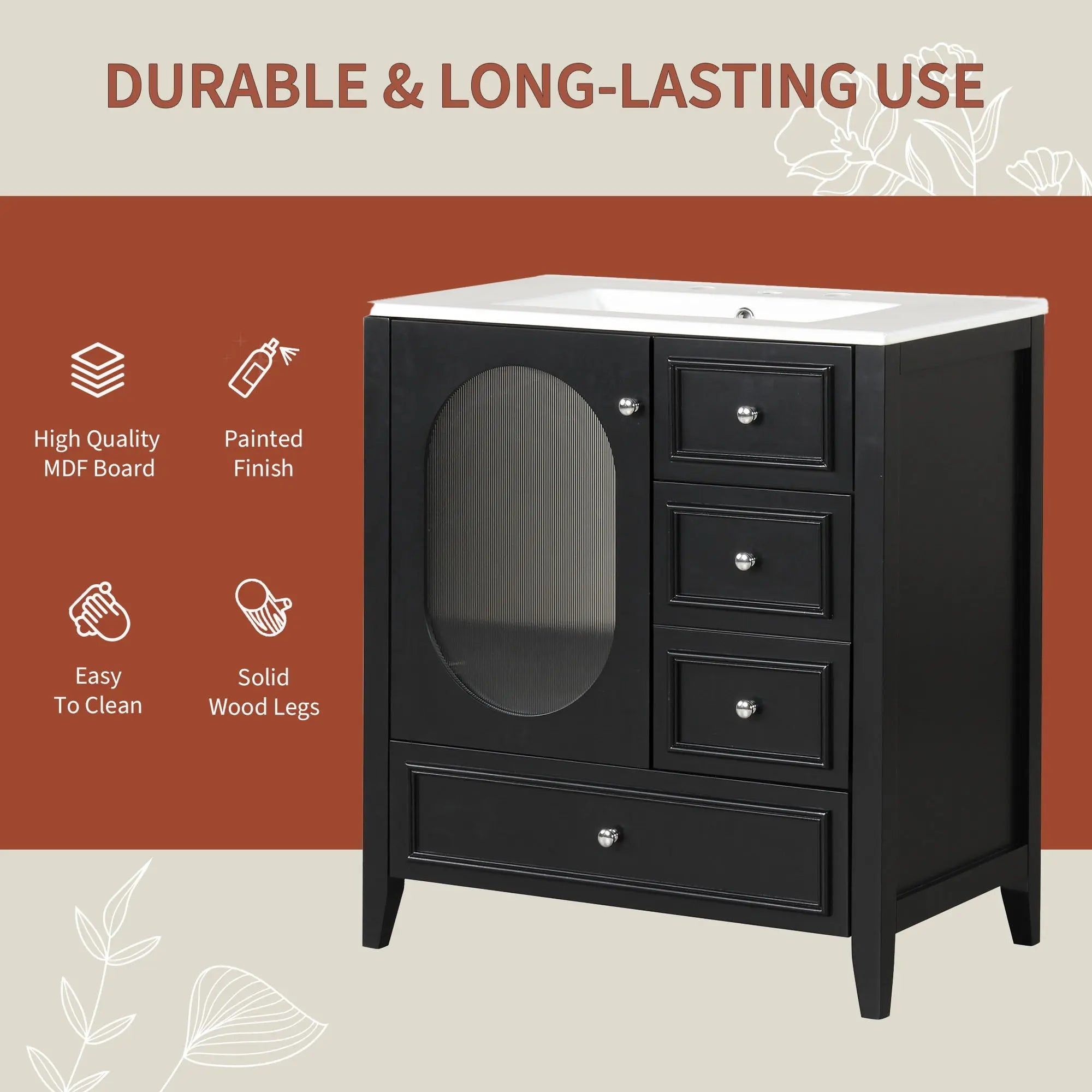 30" Bathroom Vanity with Sink – 3 Drawers, Moru Glass Door, Solid Wood & MDF, Ceramic Sink, Black – Freestanding Next Gen Luxe Solutions