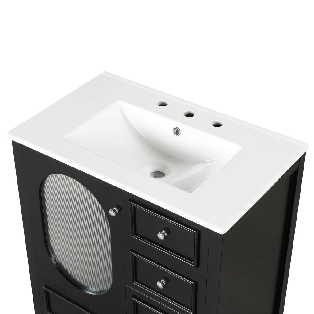 30" Bathroom Vanity with Sink – 3 Drawers, Moru Glass Door, Solid Wood & MDF, Ceramic Sink, Black – Freestanding Next Gen Luxe Solutions