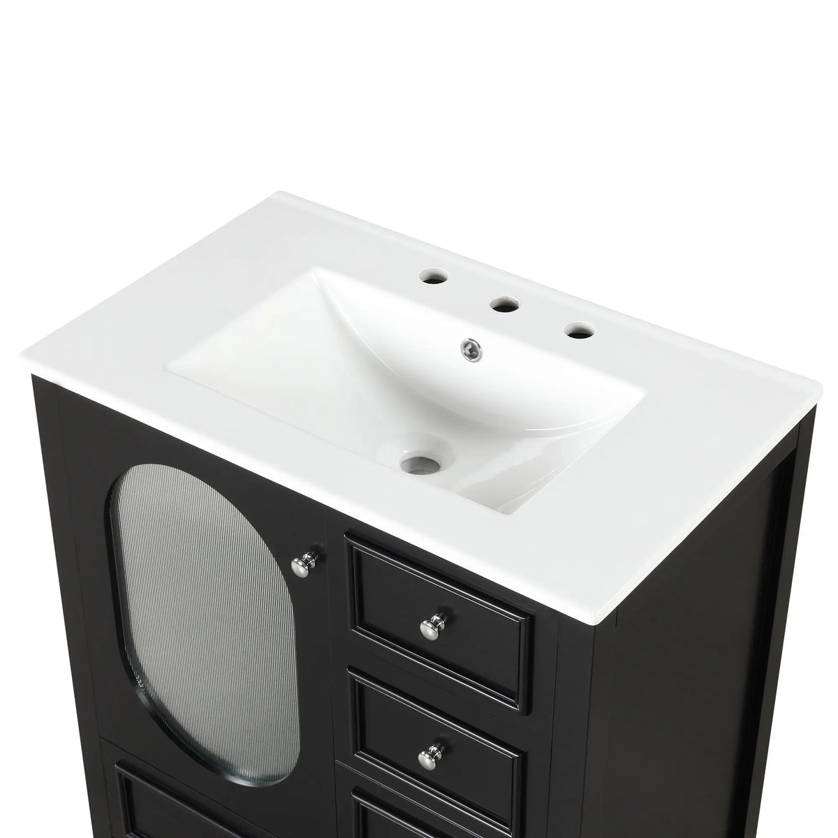 30" Bathroom Vanity with Sink – 3 Drawers, Moru Glass Door, Solid Wood & MDF, Ceramic Sink, Black – Freestanding Next Gen Luxe Solutions