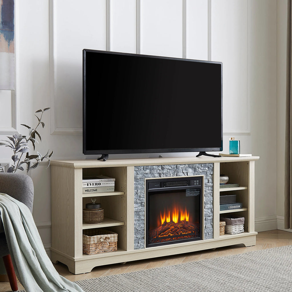 Mantel Electric Fireplace TV Stand – Stone Media Console with 18" Fireplace Insert & Open Storage (White) Next Gen Luxe Solutions