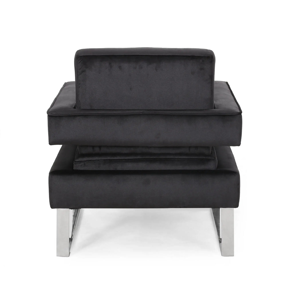 Modern Glam Velvet Club Armchair – Geometric U-Shape, Silver Accents & Stainless Steel Legs (Black) Next Gen Luxe Solutions