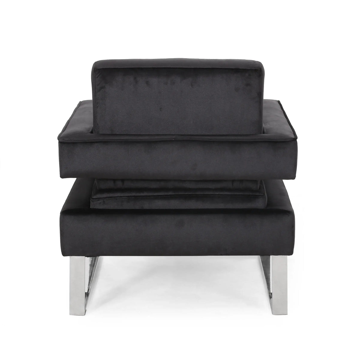 Modern Glam Velvet Club Armchair – Geometric U-Shape, Silver Accents & Stainless Steel Legs (Black) Next Gen Luxe Solutions