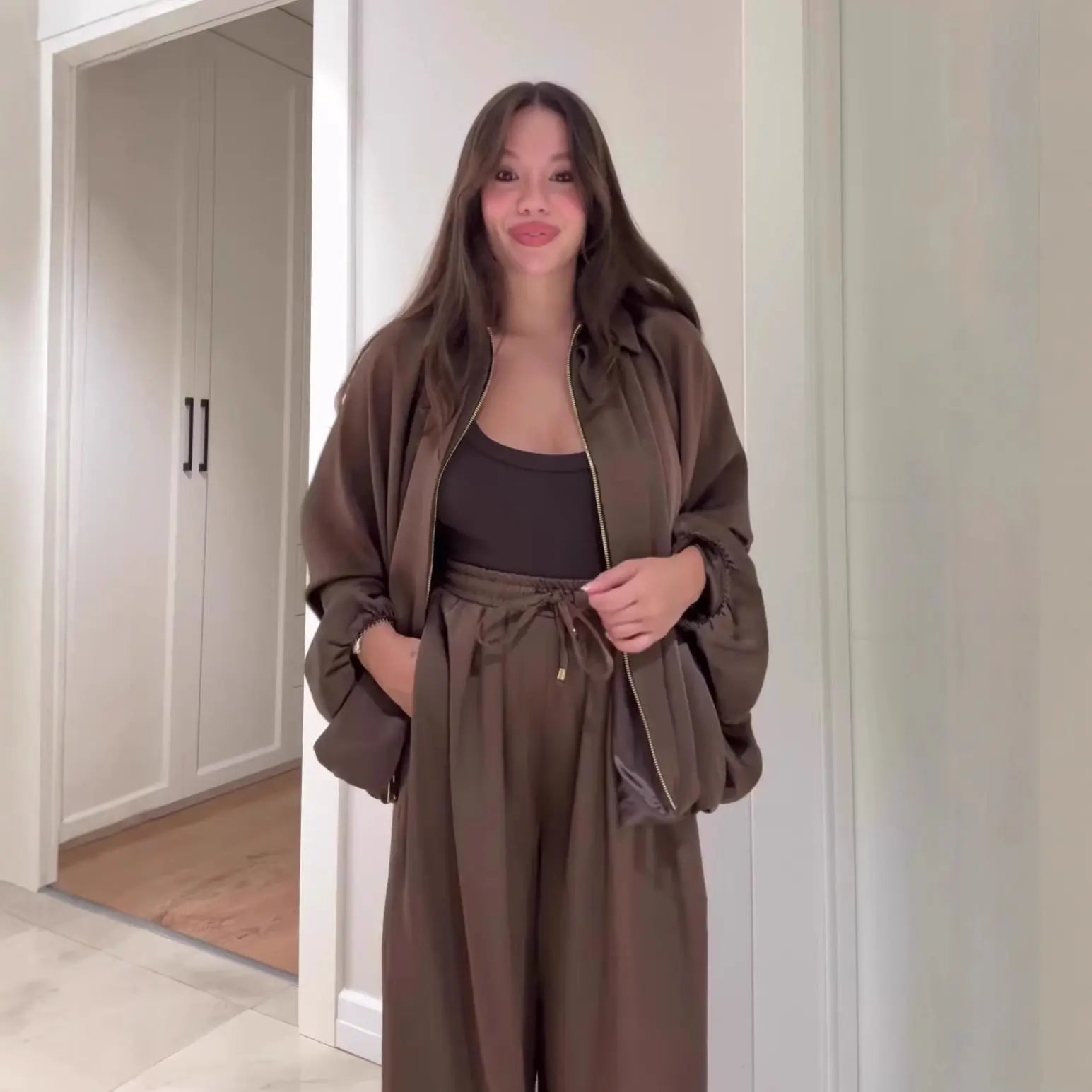 Women's Flip Collar Long Sleeve Jacket & Pants Set | 2-Piece Lounge Outfit – Matcha Green, Brown, Chestnut, S–XXL Next Gen Luxe Solutions