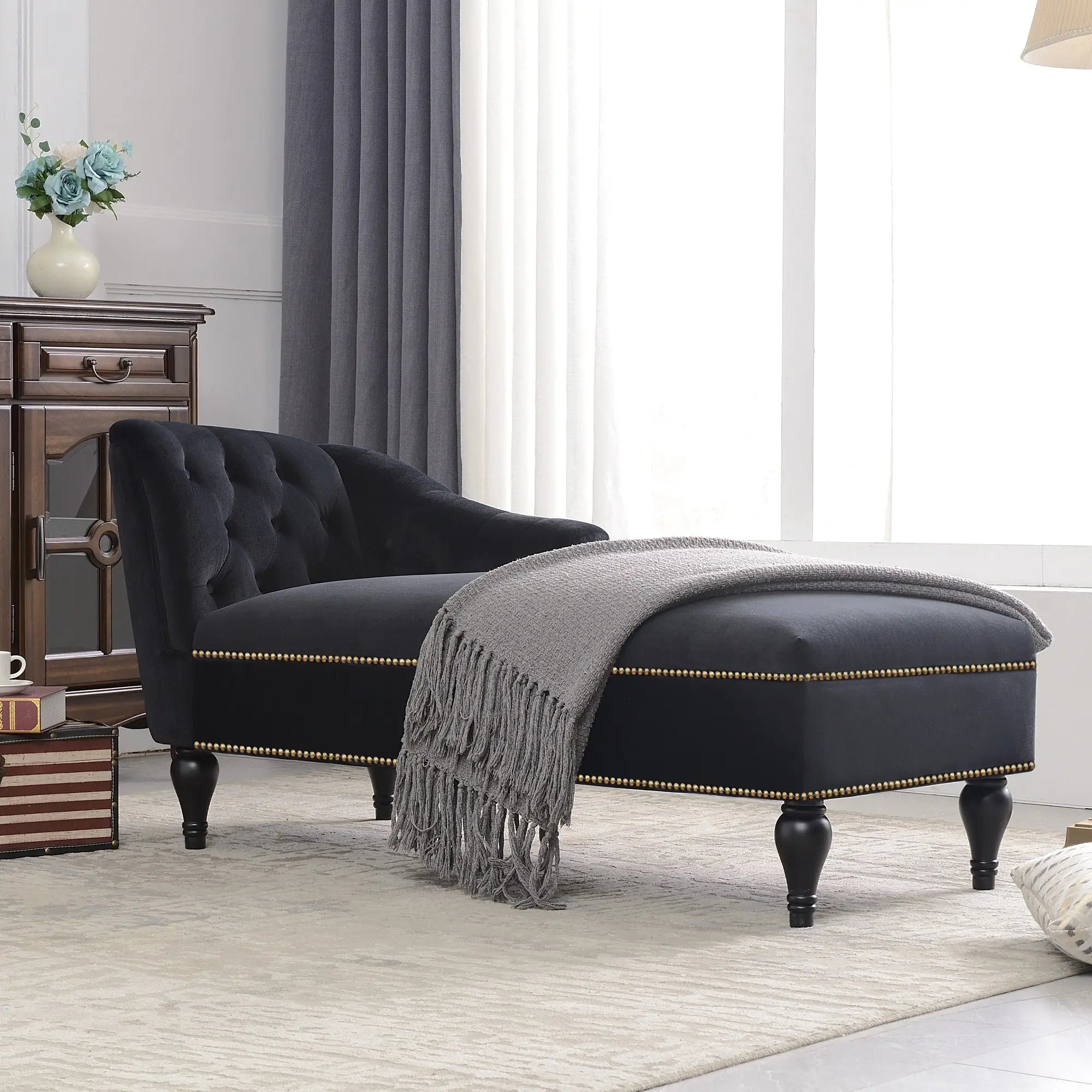 58 Inch Velvet Lounge Chair Button Tufted Right Arm Chaise with Nailhead Decoration Next Gen Luxe Solutions