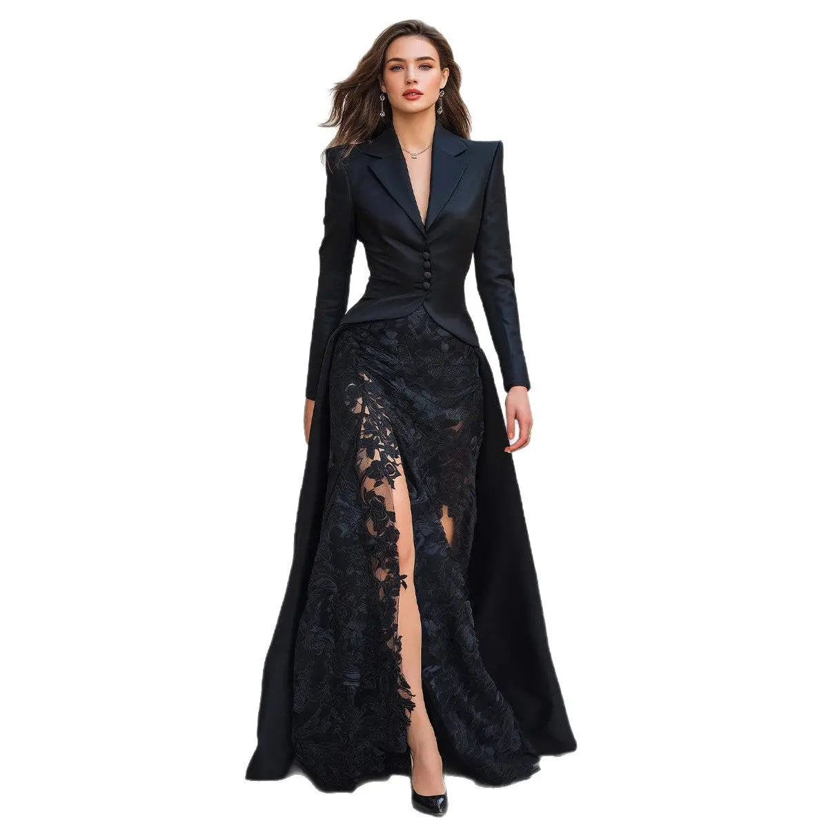 Women's Chic Lace Suit Collar Two-Piece Dress Set | Long Sleeve, High Waist, Long Skirt – Black, S–2XL Next Gen Luxe Solutions