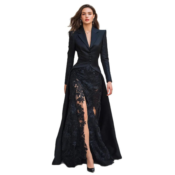 Women's Chic Lace Suit Collar Two-Piece Dress Set | Long Sleeve, High Waist, Long Skirt – Black, S–2XL Next Gen Luxe Solutions