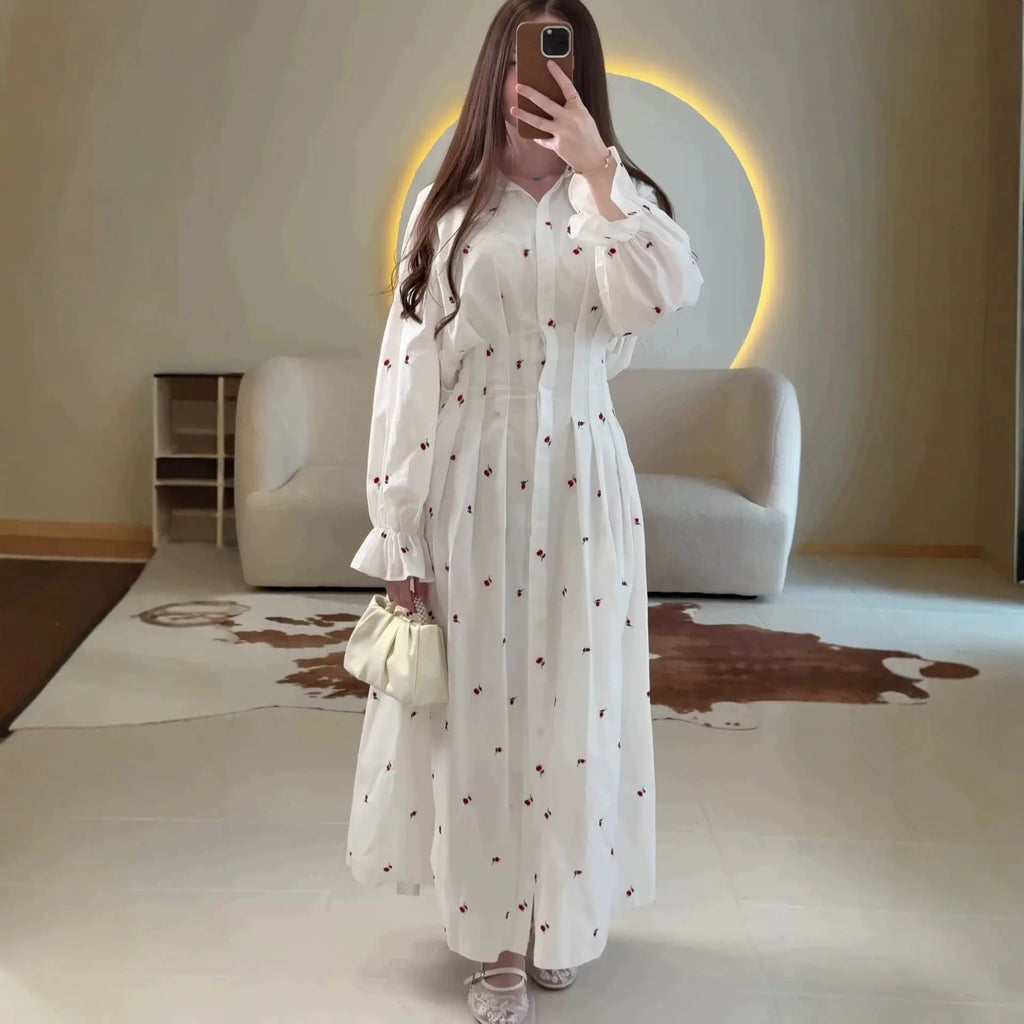 Women's Long Sleeve Lapel A-Line Midi Dress | Button Front, Floral Pattern – White, Champagne, Shiny Pink, S–XXL Next Gen Luxe Solutions