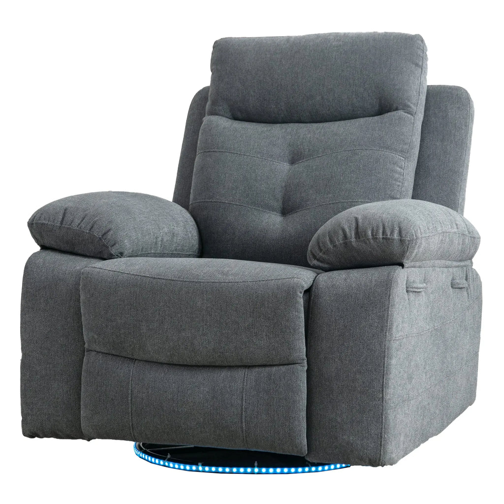 Power Recliner Glider Chair with Bluetooth Speaker | 270° Swivel, LED Light, USB+C Charging, Retractable Footrest, Storage Pockets – Light Grey Linen Next Gen Luxe Solutions