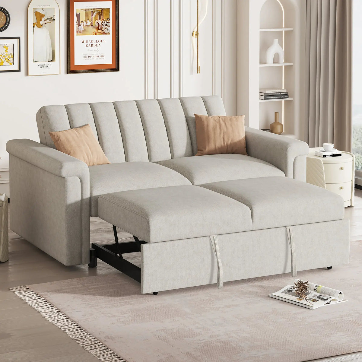 Convertible 2-Seat Sofa Bed | Pull-Out Sleeper Sofa with Adjustable Backrest & Foam + Pocket Spring Cushions in Beige Next Gen Luxe Solutions