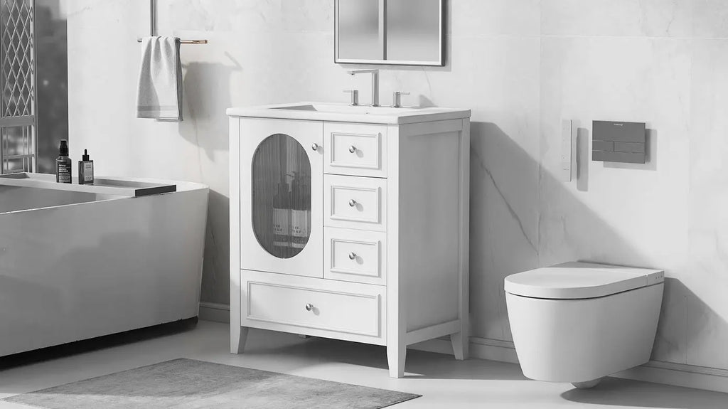 30" Bathroom Vanity with Sink | Solid Wood & MDF, 4 Drawers, Oval Fluted Glass Door, Ceramic Sink, White – Freestanding Next Gen Luxe Solutions