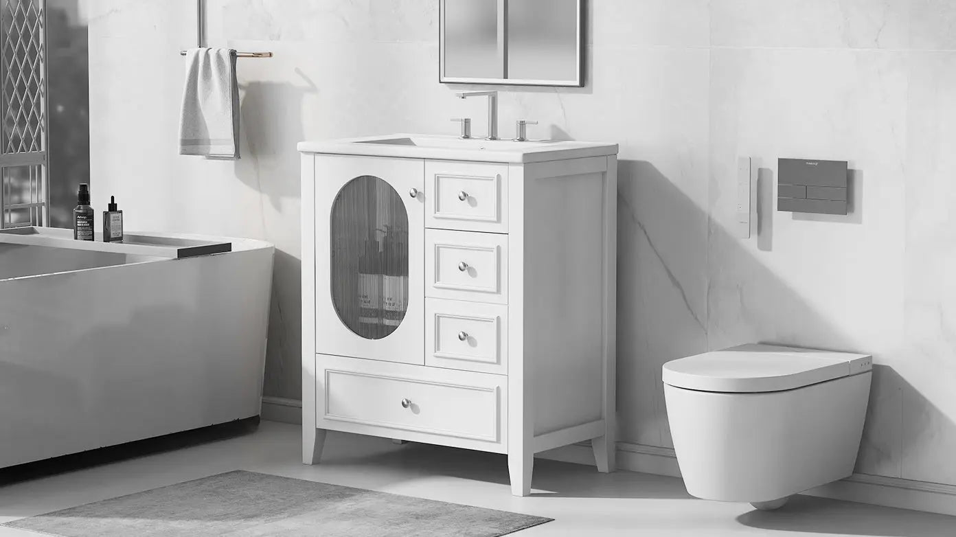 30" Bathroom Vanity with Sink | Solid Wood & MDF, 4 Drawers, Oval Fluted Glass Door, Ceramic Sink, White – Freestanding Next Gen Luxe Solutions