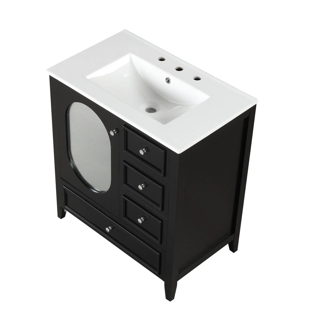 30" Bathroom Vanity with Sink – 3 Drawers, Moru Glass Door, Solid Wood & MDF, Ceramic Sink, Black – Freestanding Next Gen Luxe Solutions