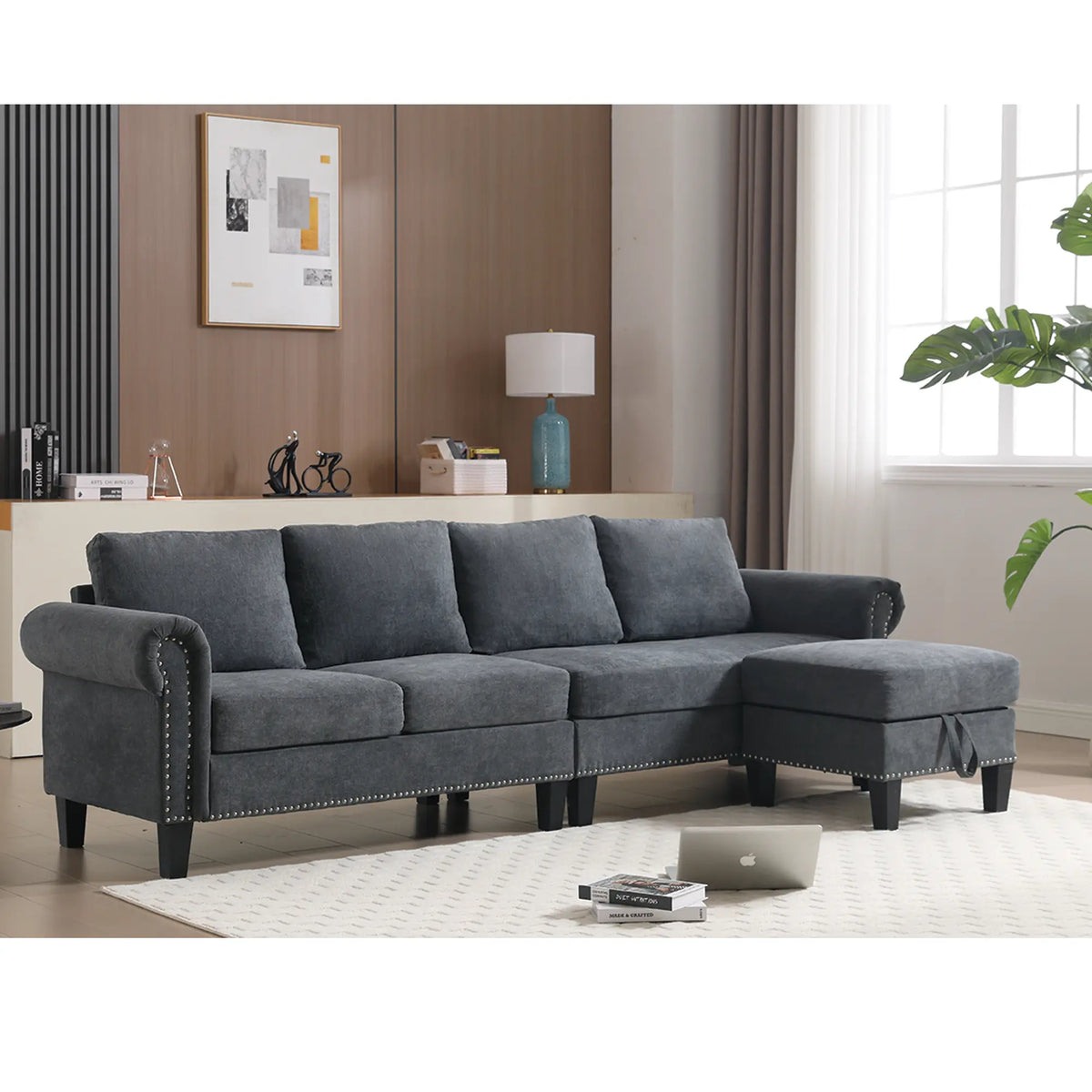 Convertible L-Shaped Sectional Sofa with Storage | 4-Seat Modern Linen Fabric Couch in Gray Next Gen Luxe Solutions