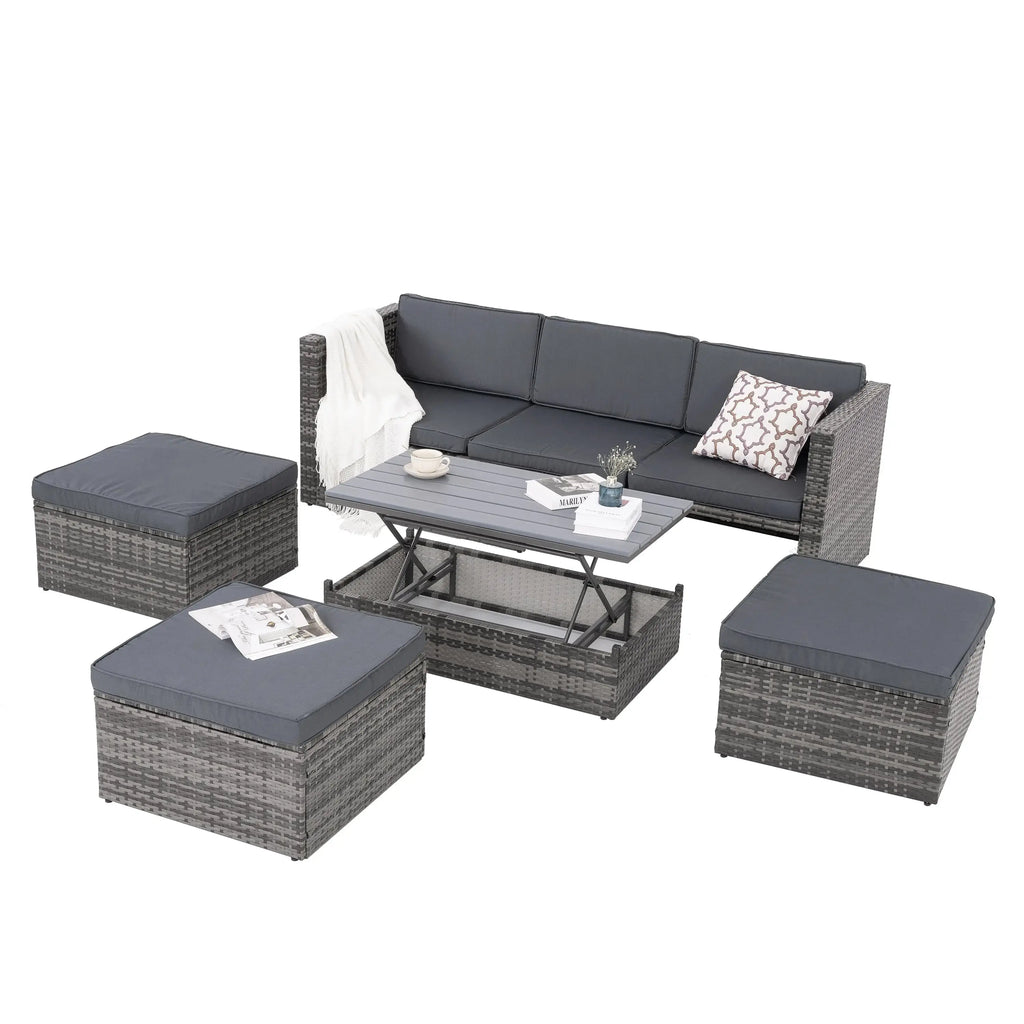 5-Piece Outdoor PE Wicker Patio Furniture Set | Sofa, 3 Ottomans & Lift-Top Coffee Table Next Gen Luxe Solutions