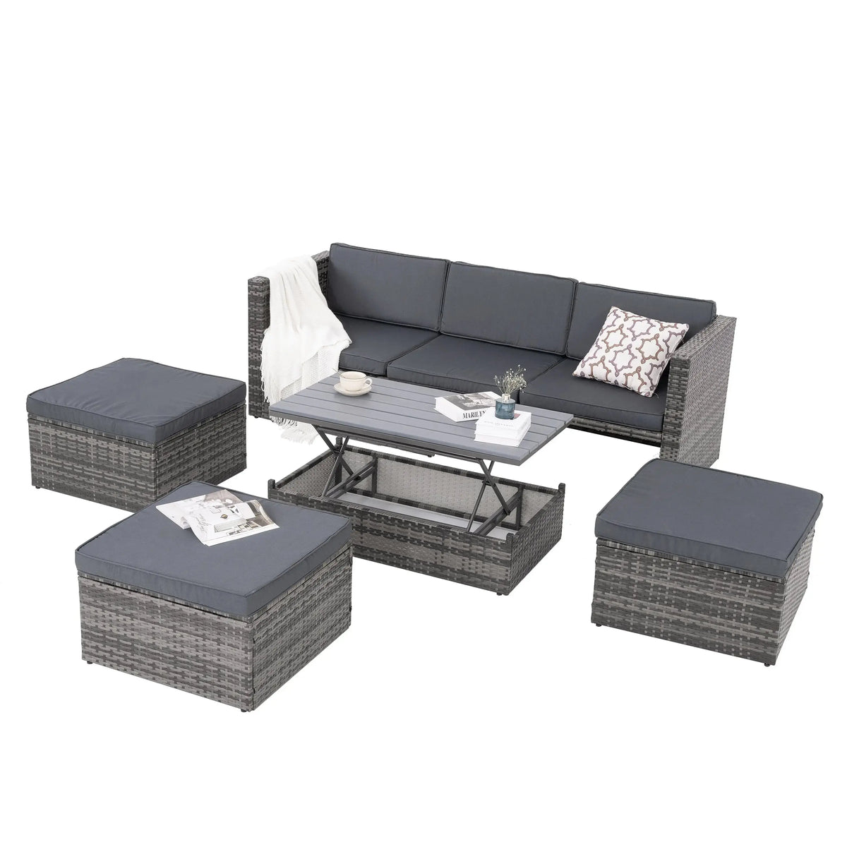 5-Piece Outdoor PE Wicker Patio Furniture Set | Sofa, 3 Ottomans & Lift-Top Coffee Table Next Gen Luxe Solutions