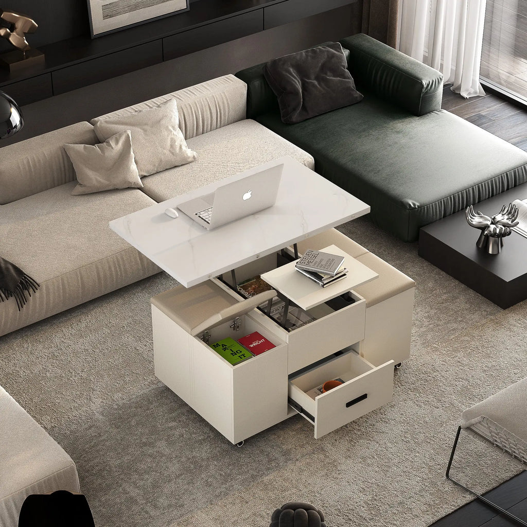 Modern Lift-Top Coffee Table with 4 Chairs, Expandable Storage – Hidden Compartment & 2 Drawers Next Gen Luxe Solutions