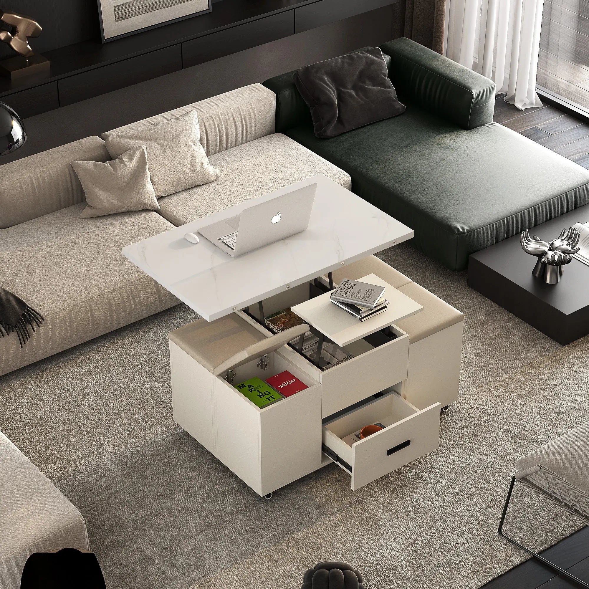 Modern Lift-Top Coffee Table with 4 Chairs, Expandable Storage – Hidden Compartment & 2 Drawers Next Gen Luxe Solutions