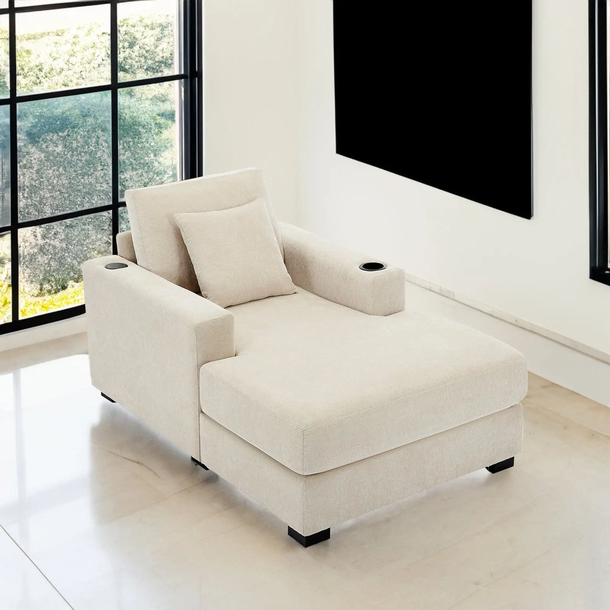 39.7" Oversized Chenille Chaise Lounger | Built-In Charge Station, Cup Holder, Pillows, Washable Covers – Cream, 330 lb Capacity Next Gen Luxe Solutions