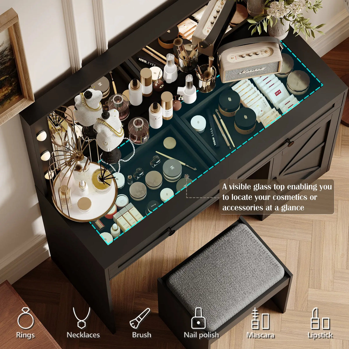 Makeup Vanity Desk with Cabinet Doors & Organized Storage – Eco-Friendly MDF, Black Next Gen Luxe Solutions