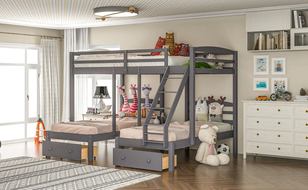 Full over Twin & Twin Triple Bunk Bed with 3 Drawers | Solid Pine & MDF, Full-Length Guardrail, 400 lb Capacity – Gray Next Gen Luxe Solutions