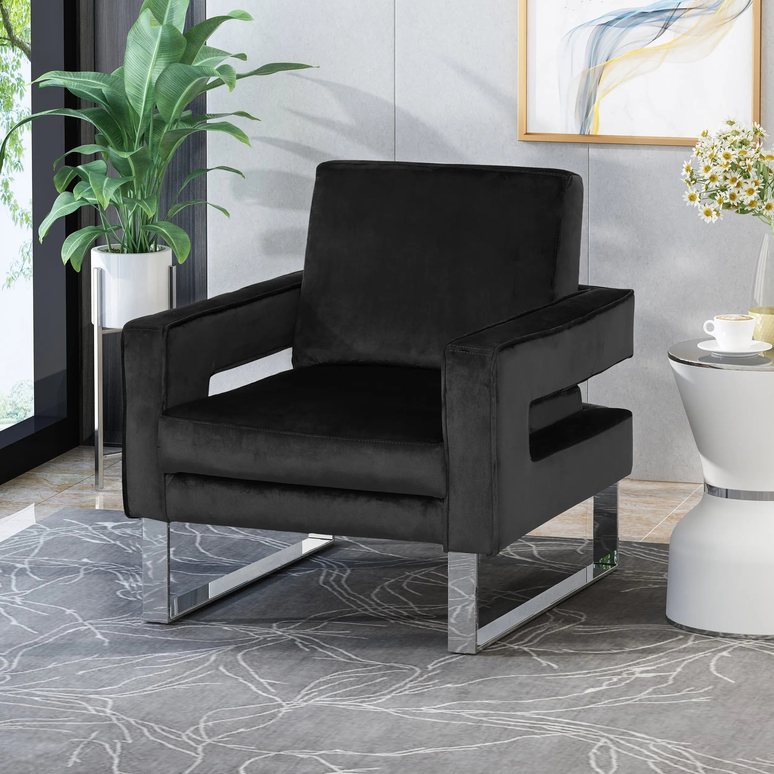 Modern Glam Velvet Club Armchair – Geometric U-Shape, Silver Accents & Stainless Steel Legs (Black) Next Gen Luxe Solutions