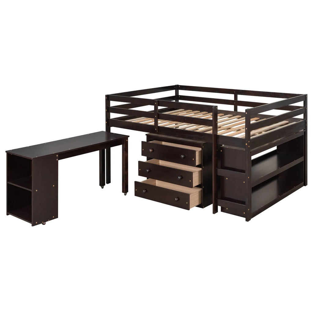 Full Size Low Loft Bed with Rolling Desk, Cabinet, Shelves & Safety Rails | Solid Wood Study Loft Bed – Espresso Next Gen Luxe Solutions