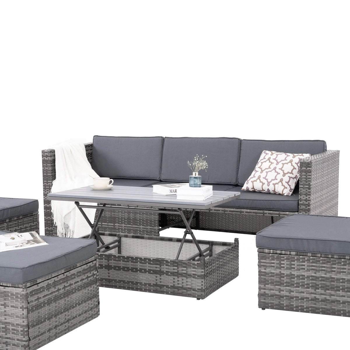 5-Piece Outdoor PE Wicker Patio Furniture Set | Sofa, 3 Ottomans & Lift-Top Coffee Table Next Gen Luxe Solutions