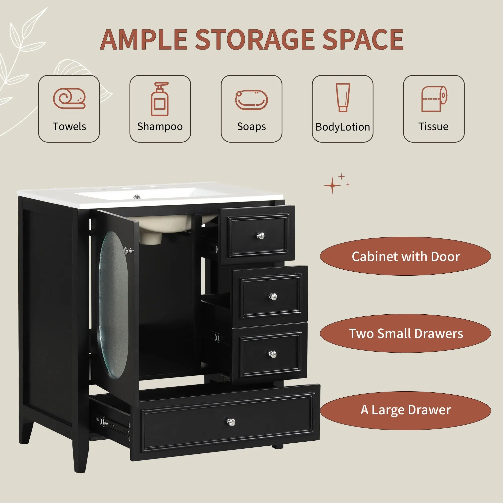 30" Bathroom Vanity with Sink – 3 Drawers, Moru Glass Door, Solid Wood & MDF, Ceramic Sink, Black – Freestanding Next Gen Luxe Solutions