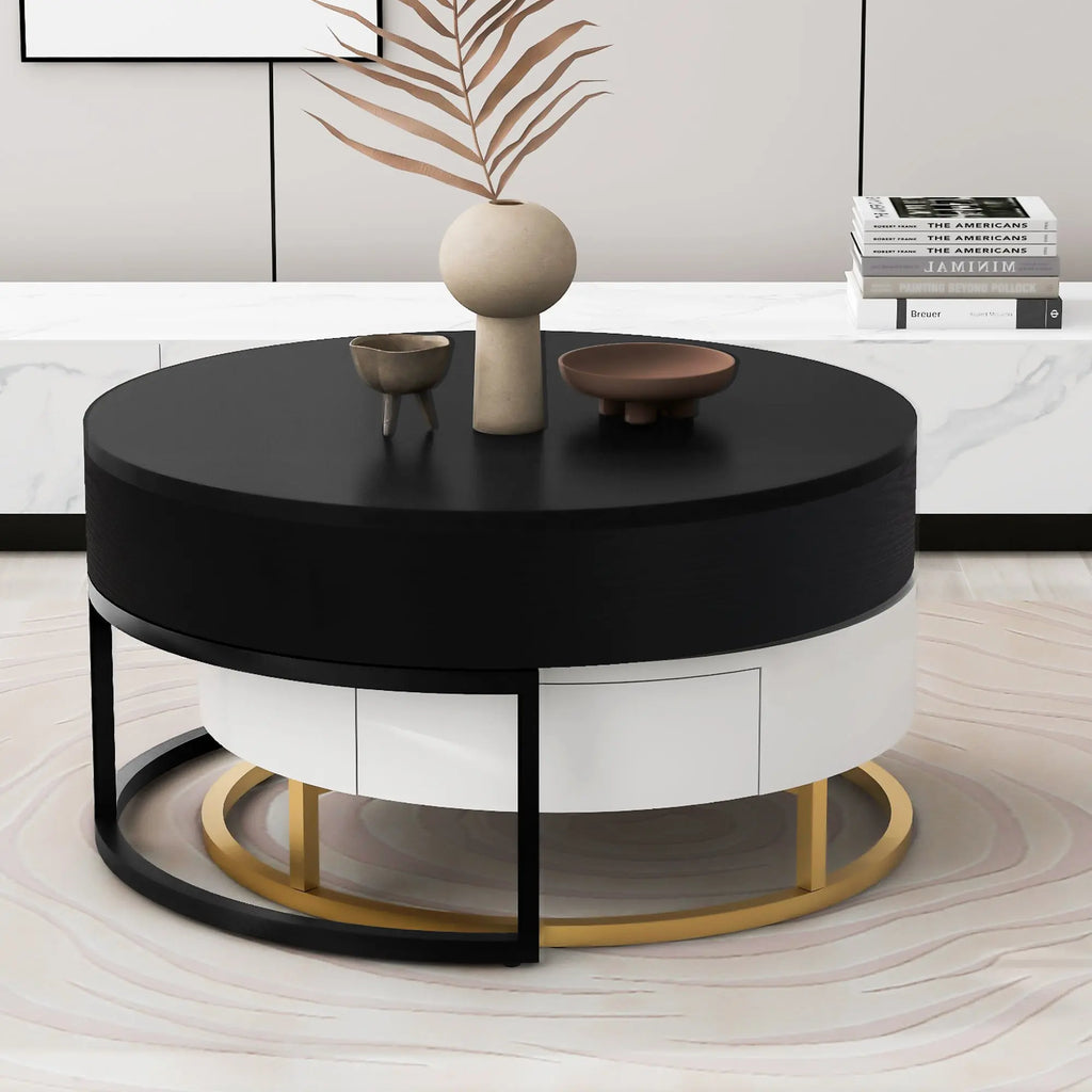 Modern Round Lift-Top Nesting Coffee Tables Set of 2 | Hydraulic Lift, 2 Drawers, Gold Metal Base – White & Black Next Gen Luxe Solutions