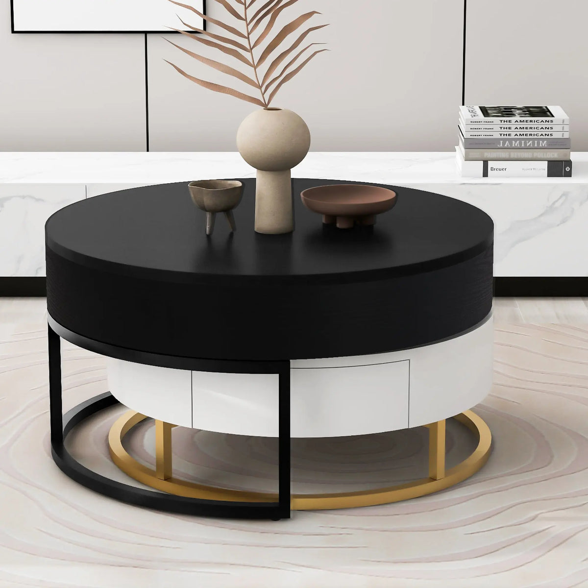 Modern Round Lift-Top Nesting Coffee Tables Set of 2 | Hydraulic Lift, 2 Drawers, Gold Metal Base – White & Black Next Gen Luxe Solutions