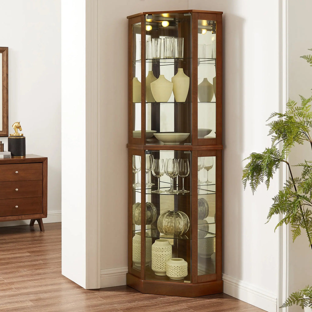 6-Shelf Corner Curio Display Cabinet with Light, Mirror & Adjustable Shelves – Walnut Wood Next Gen Luxe Solutions