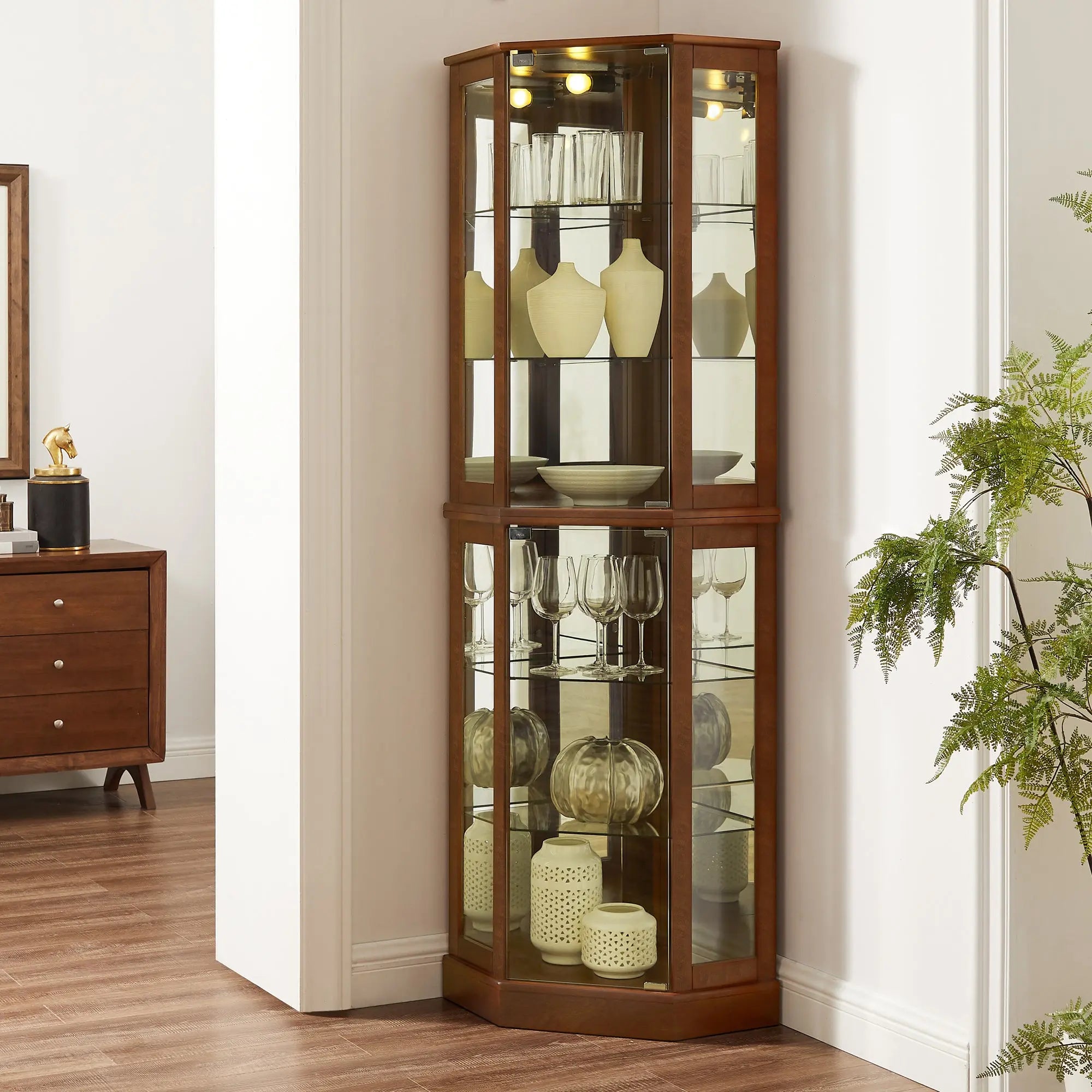 6-Shelf Corner Curio Display Cabinet with Light, Mirror & Adjustable Shelves – Walnut Wood Next Gen Luxe Solutions