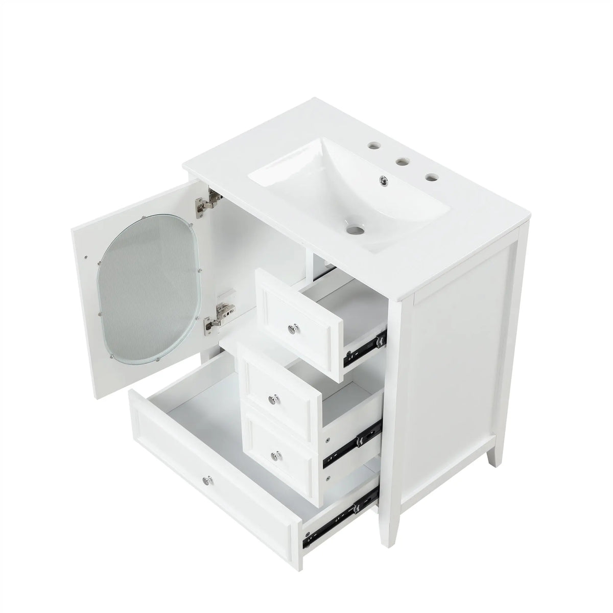 30" Bathroom Vanity with Sink | Solid Wood & MDF, 4 Drawers, Oval Fluted Glass Door, Ceramic Sink, White – Freestanding Next Gen Luxe Solutions