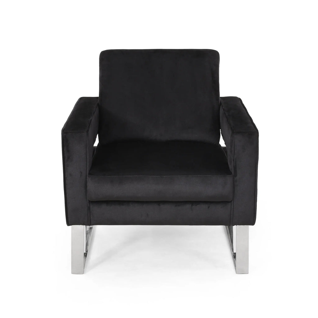 Modern Glam Velvet Club Armchair – Geometric U-Shape, Silver Accents & Stainless Steel Legs (Black) Next Gen Luxe Solutions