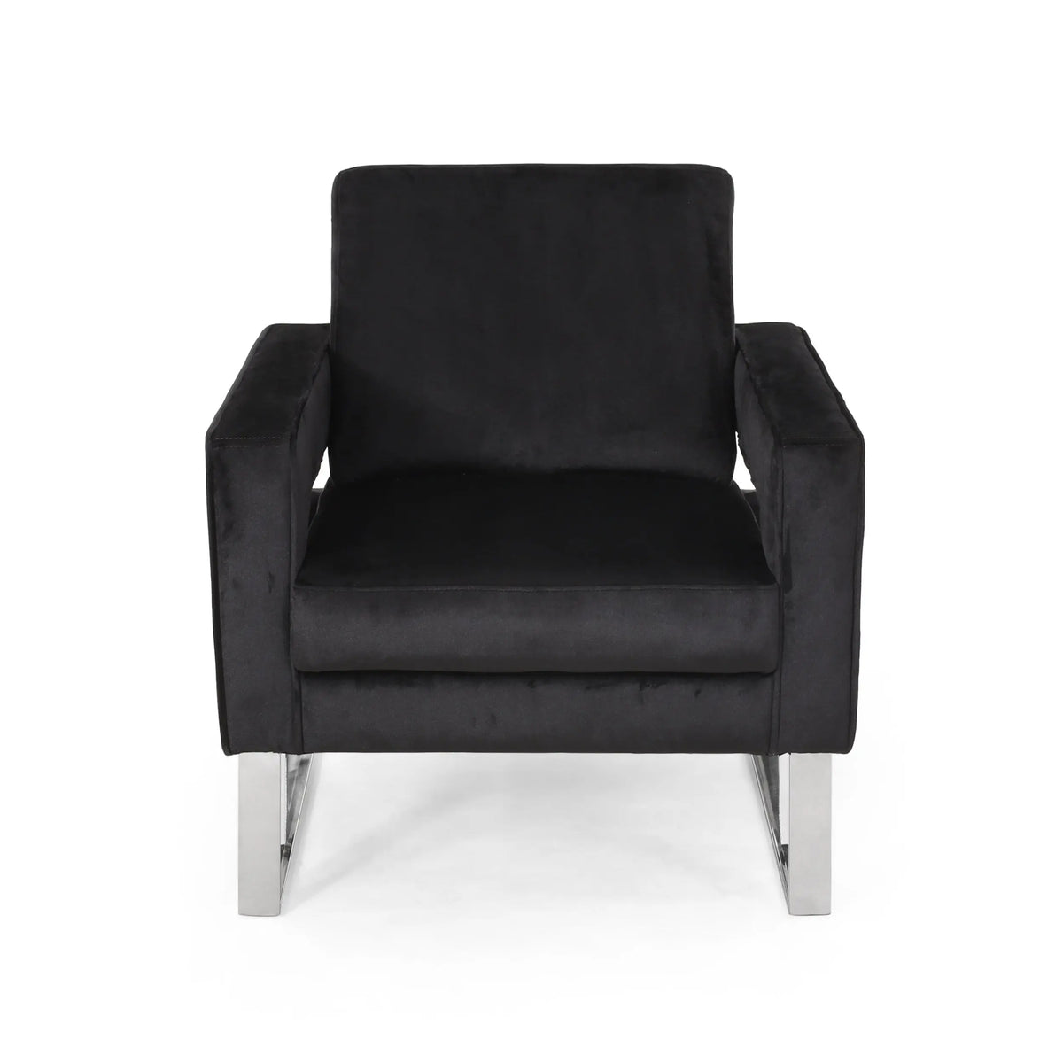 Modern Glam Velvet Club Armchair – Geometric U-Shape, Silver Accents & Stainless Steel Legs (Black) Next Gen Luxe Solutions