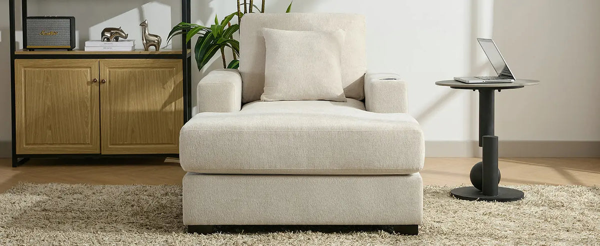 39.7" Oversized Chenille Chaise Lounger | Built-In Charge Station, Cup Holder, Pillows, Washable Covers – Cream, 330 lb Capacity Next Gen Luxe Solutions